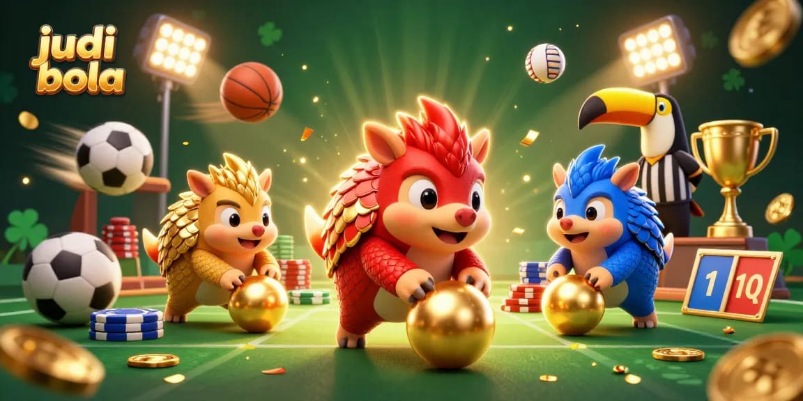 Engage in judi bola with rival pangolins and dynamic sports betting elements amidst golden trophies and confetti.