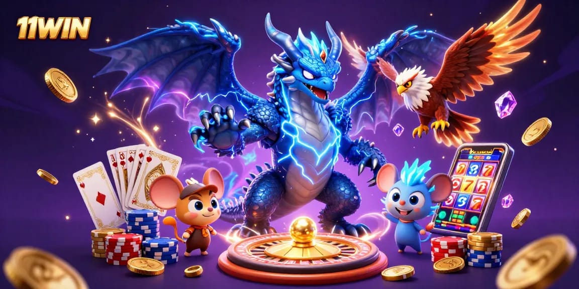 Experience the excitement of 11WIN with colorful casino elements and dynamic characters in a vibrant scene.