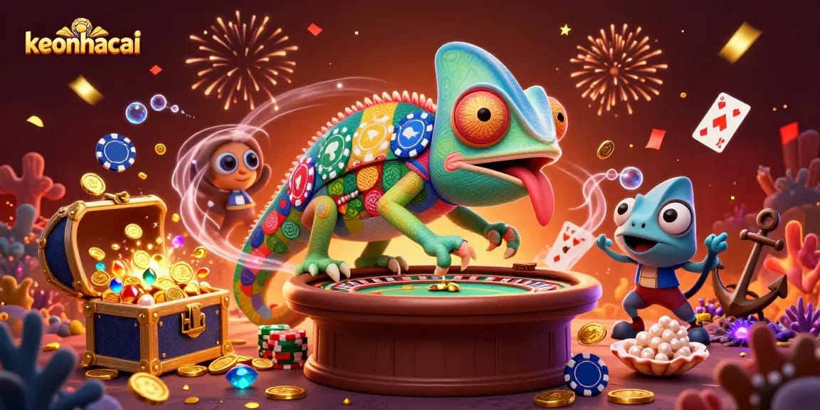 Engaging scene showcasing keonhacai with a vibrant chameleon owner capturing gold coins amidst a casino setting.