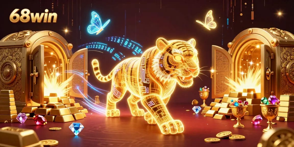 Join the excitement of 68win as a golden tiger prowls through a dazzling casino landscape.