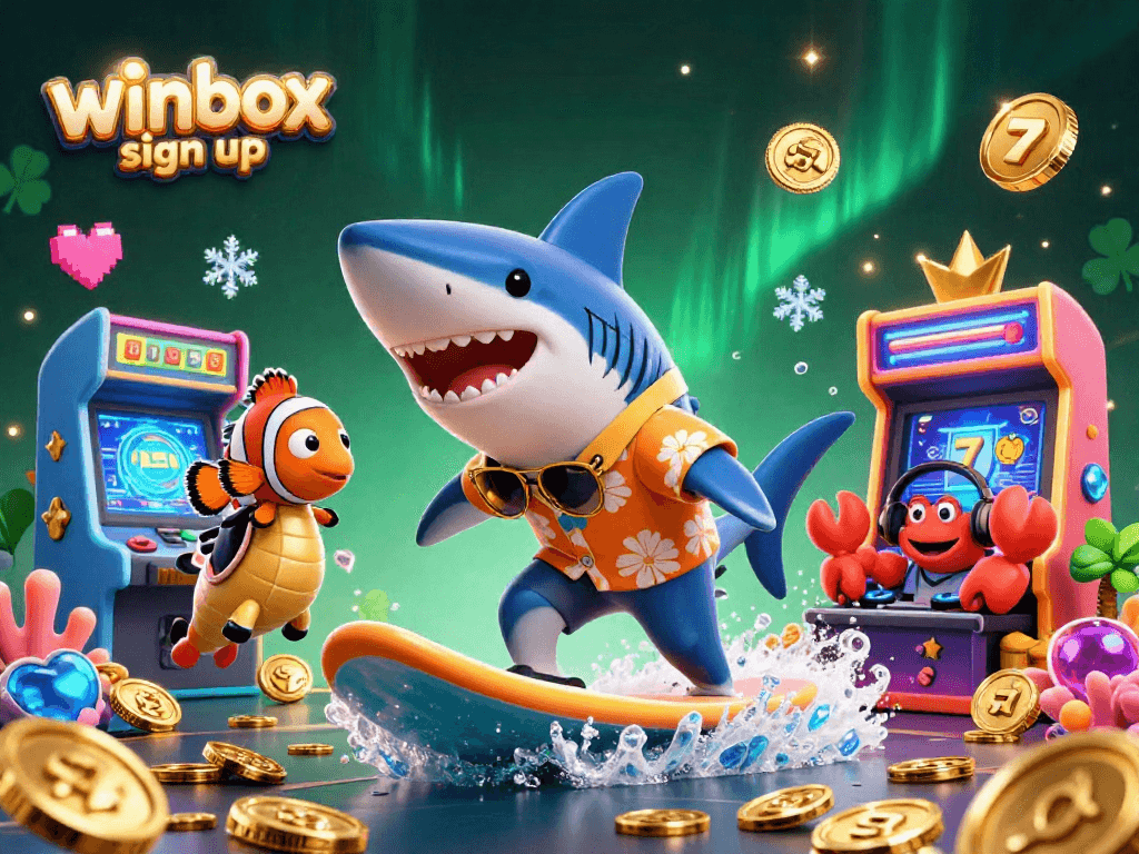 Join the action with winbox sign up, featuring vibrant 3D characters and casino elements in a lively scene.