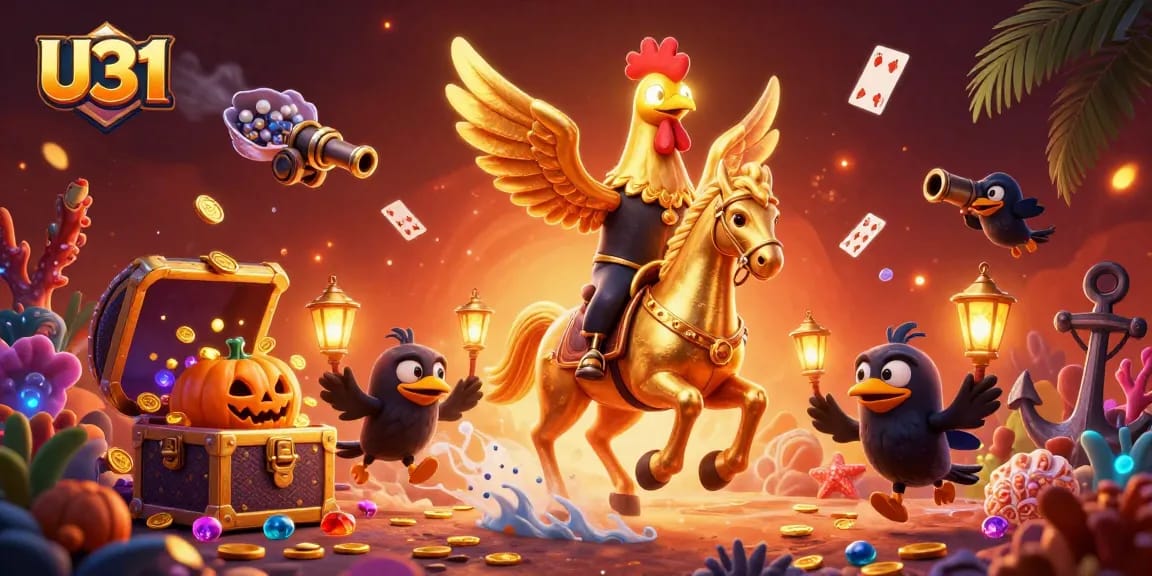 Experience thrilling gameplay at U31 with a golden rooster riding through a vibrant casino scene.