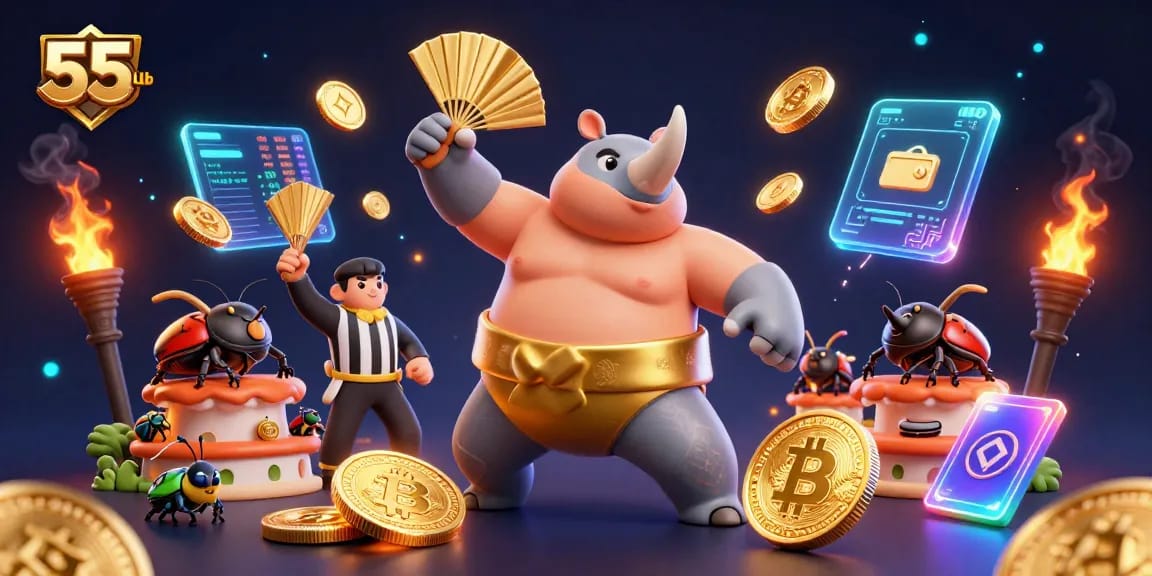 Engage with the 55club's dynamic gaming scene featuring a sumo beetle champion and crypto elements.