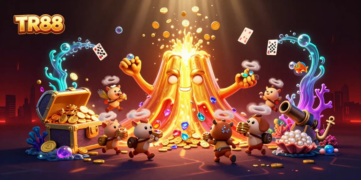 Experience the thrill of TR88 with a 3D cartoon volcano erupting coins while explorers escape with treasures.