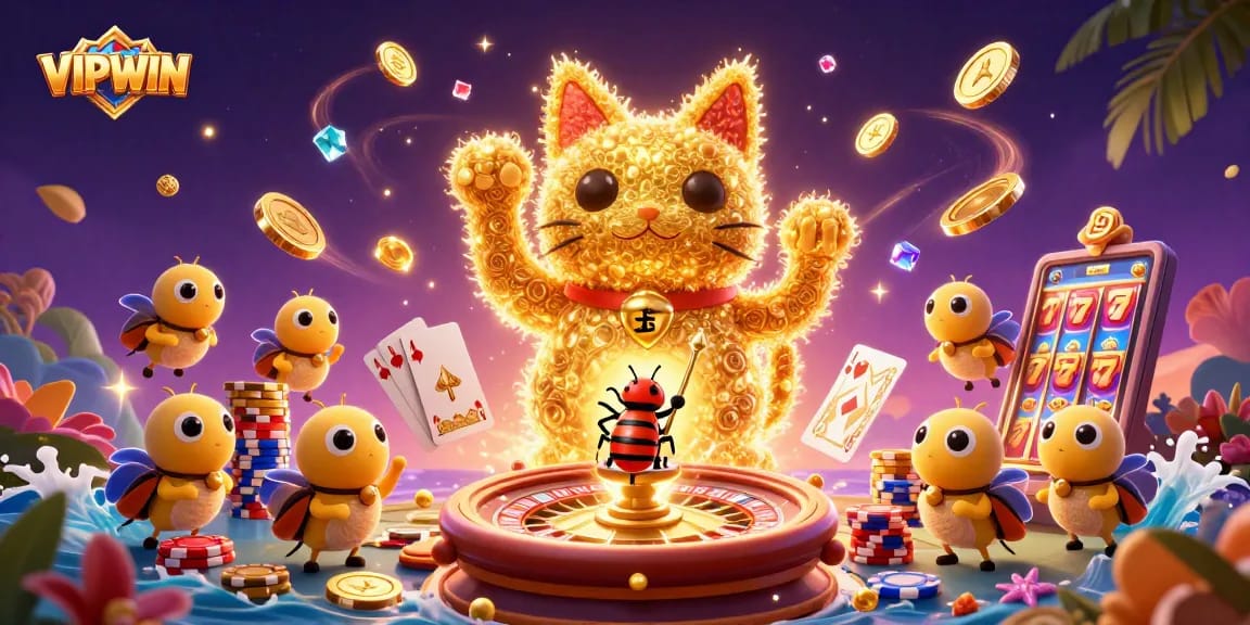 Experience the vibrant world of VIPWIN with golden symbols and rich casino elements in a dynamic 3D illustration.