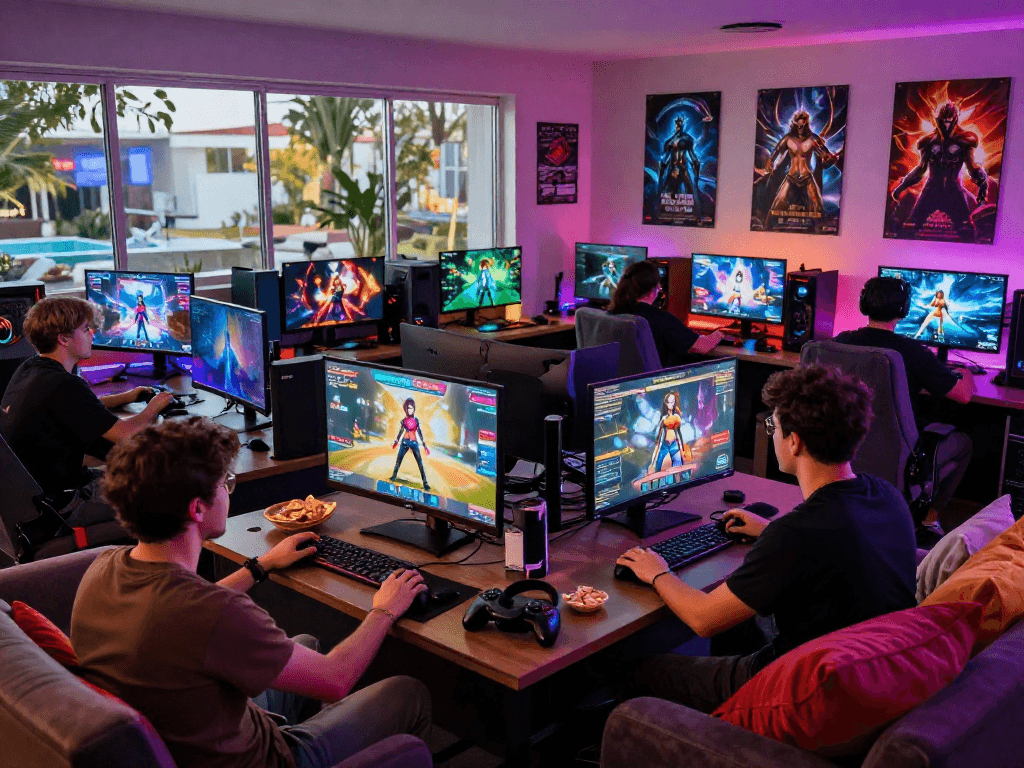 Engaged adults playing sex games in a vibrant gaming lounge setting.