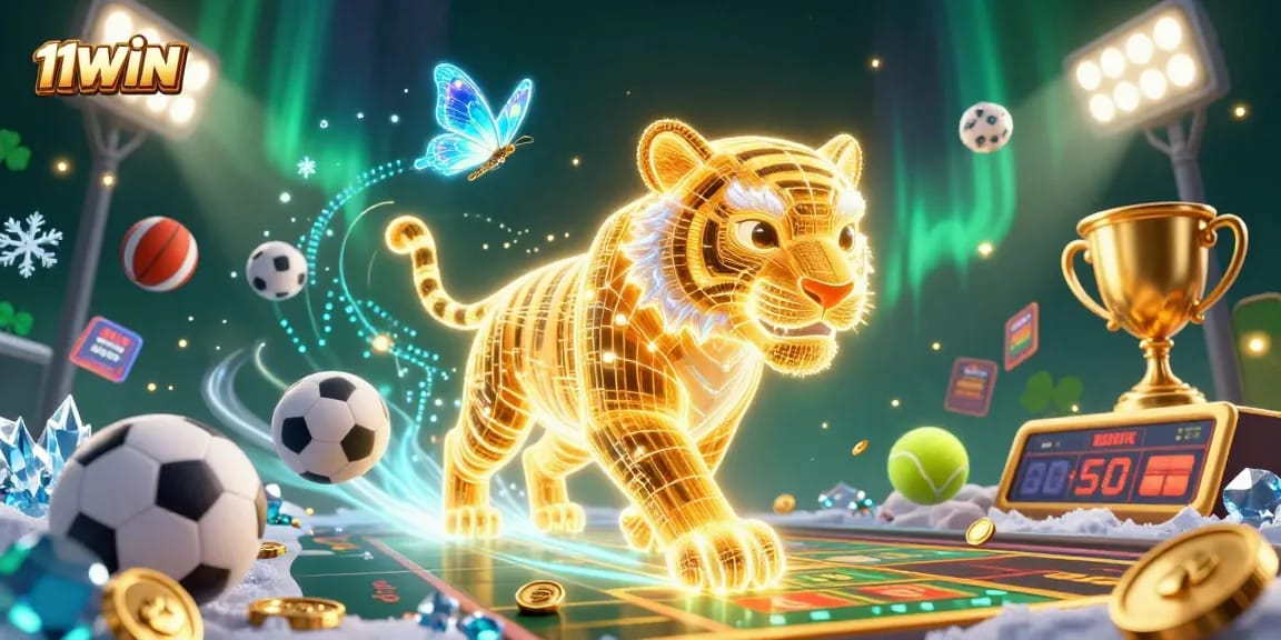 11WIN's thrilling digital casino scene with dynamic sports betting elements and a neon tiger.