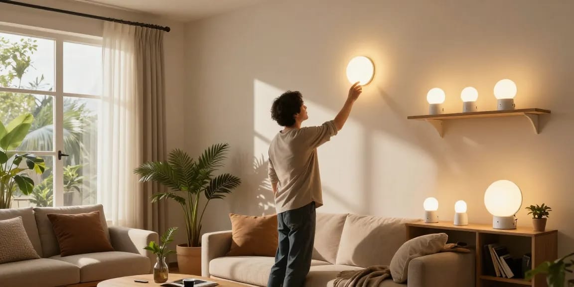Aplica LED elegantă iluminând un living modern, cu o persoană ajustând intensitatea luminii.