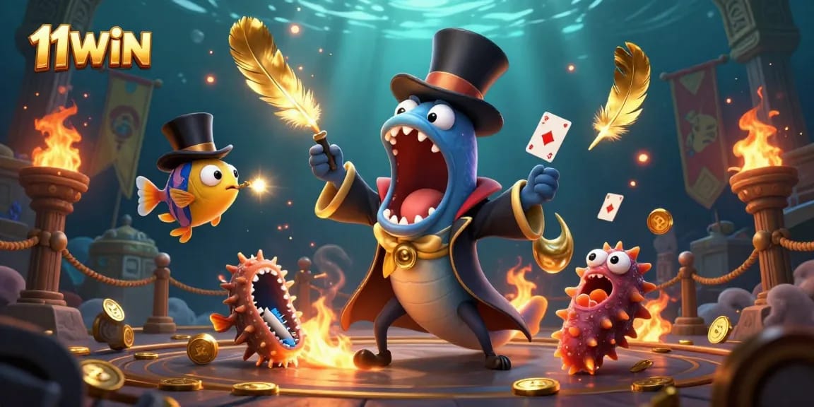 Engage with 11WIN's magical underwater casino adventure featuring a gulper eel, anglerfish, and sea cucumber.