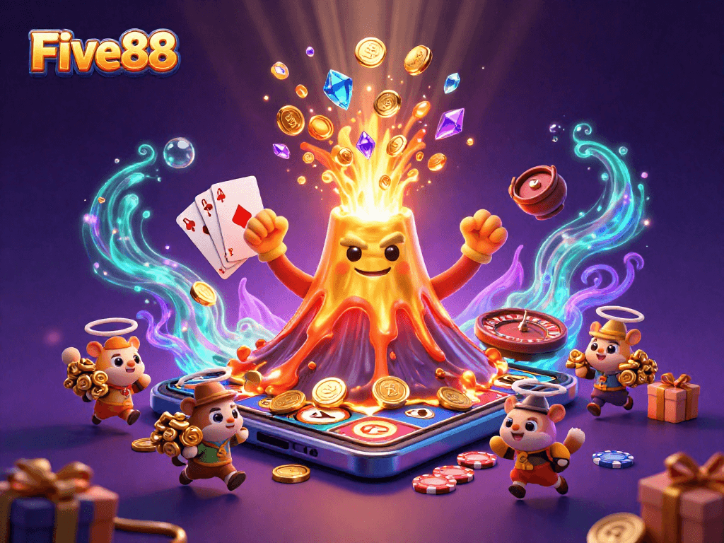 Experience thrilling wins with Five88's vibrant casino illustration showcasing golden treasures and dynamic gaming elements.