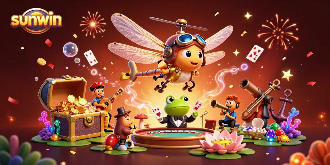 Engaging sunwin casino scene with a dragonfly pilot and frog croupier amidst vibrant gems and cards.