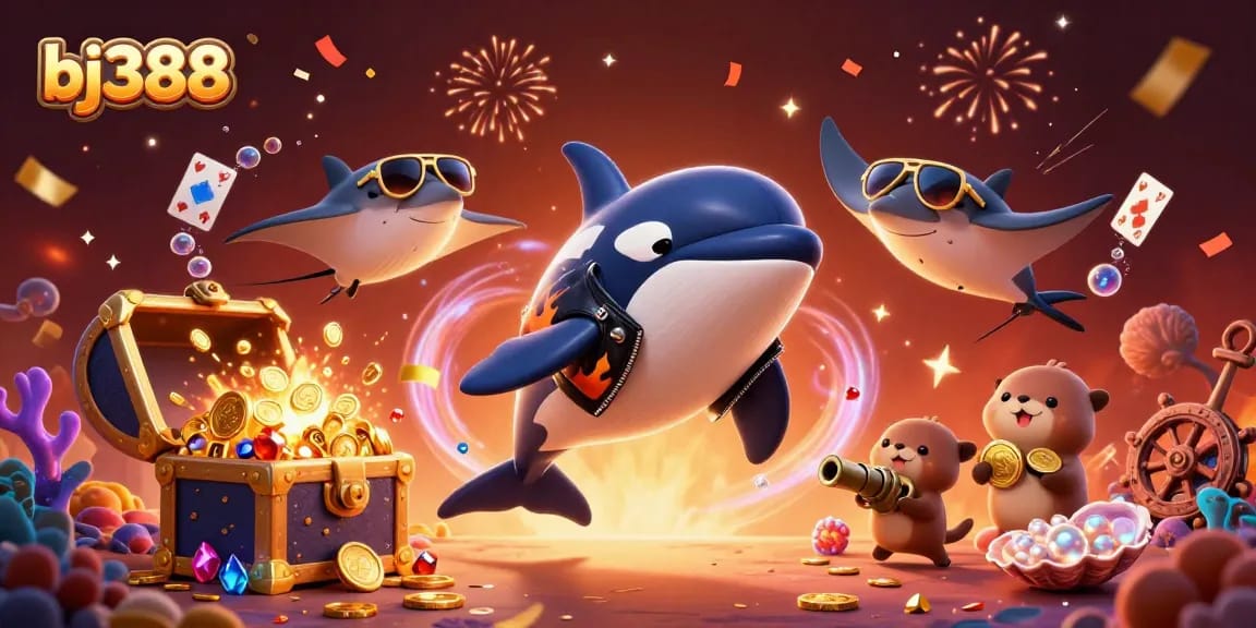 Experience winning moments with bj388's vibrant 3D casino illustration showcasing thrilling underwater adventures.