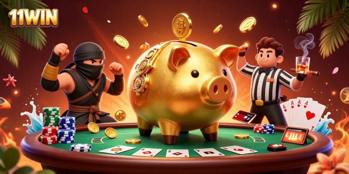 Experience thrilling action with 11WIN's golden piggy bank and poker showdown in a vibrant casino scene.