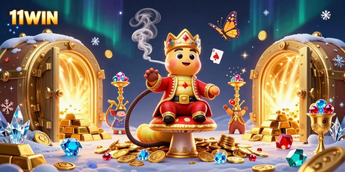 Experience thrilling casino action at 11WIN with captivating poker themes and treasure-filled illustrations.