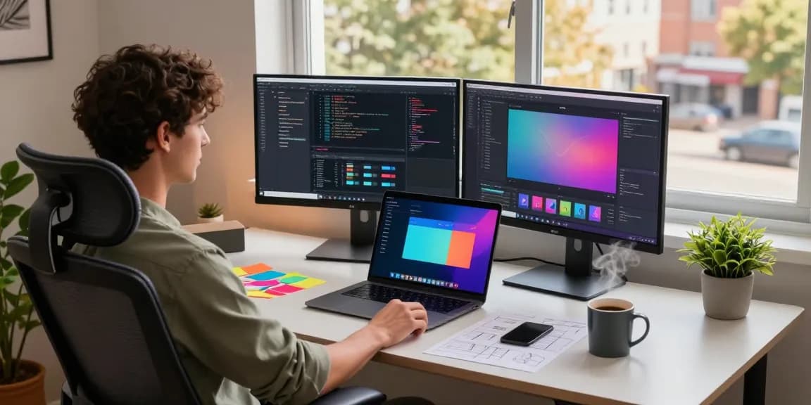 Focused professional using an M5 MacBook in a modern home office filled with tech and vibrant notes.