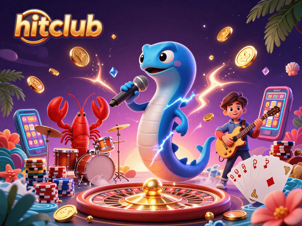 Engage in the hitclub experience with an electric eel DJ, dynamic casino elements, and vibrant colors.