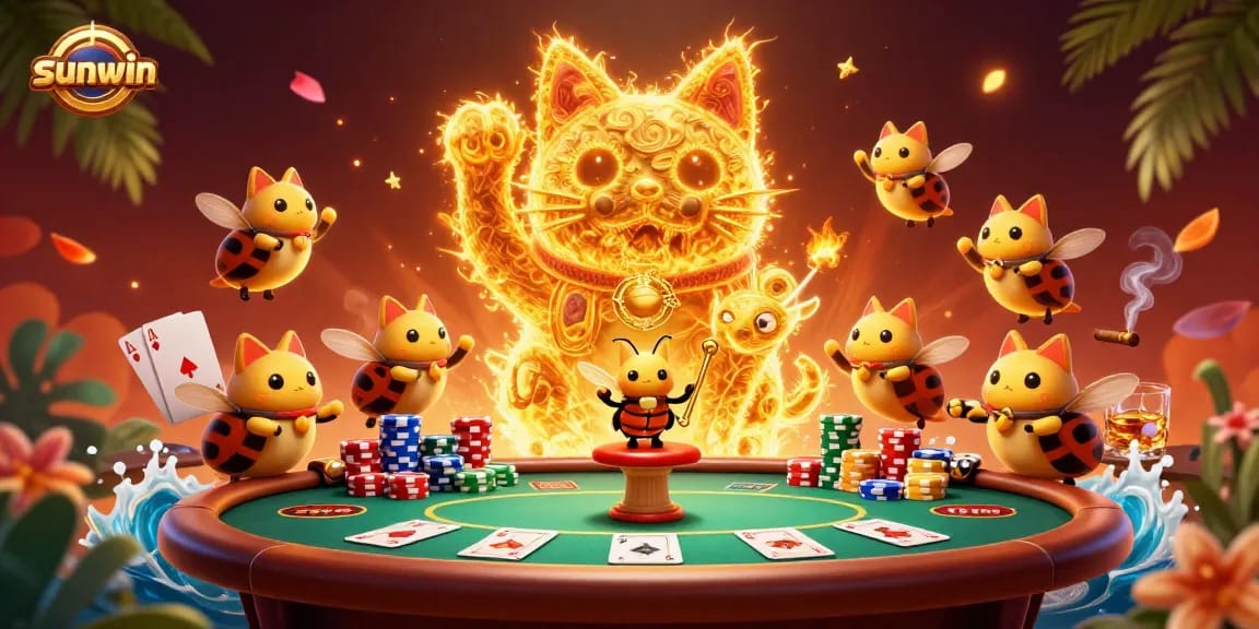 Engaging illustration of sunwin's lucky cat with poker elements, showcasing vibrant casino atmosphere.