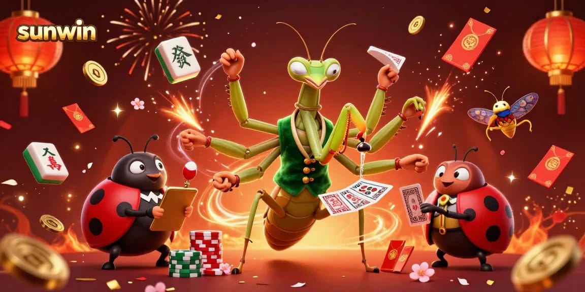Engage with sunwin's vibrant casino world featuring a praying mantis card sharp and ladybug pit boss.