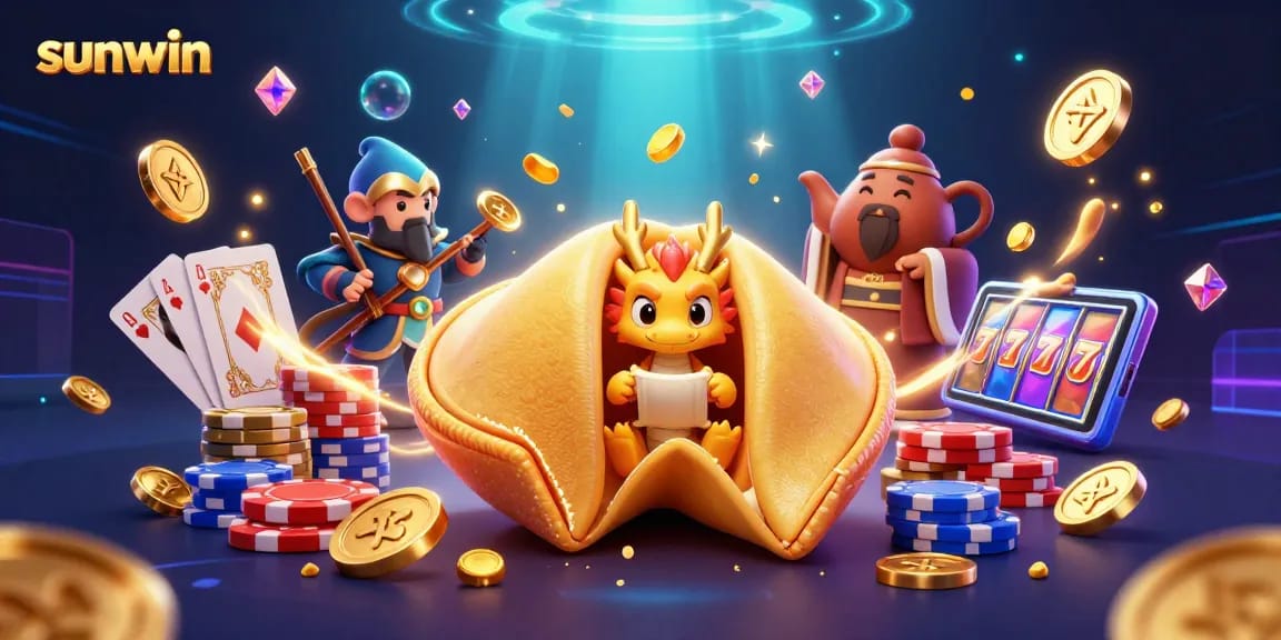 Play thrilling games at sunwin, featuring a festive scene with a golden fortune cookie and casino elements.