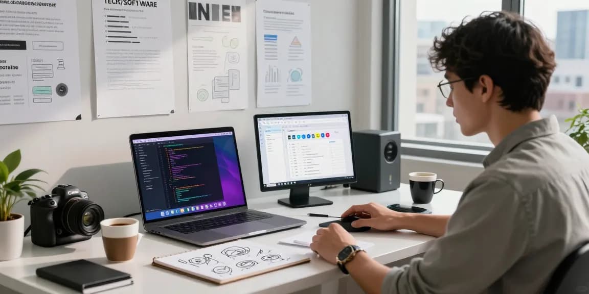 Build internal tools with AI in a modern workspace featuring coding, collaboration tools, and a creative atmosphere.