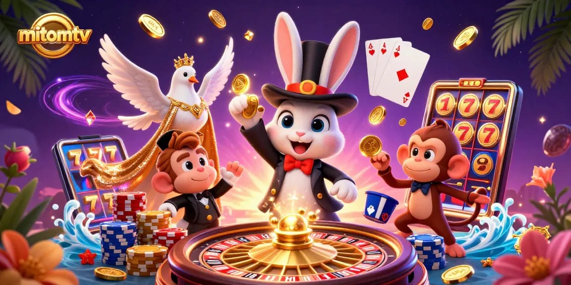 Win big with mitomtv featuring a magician rabbit, glamorous dove, and monkey stealing poker chips.