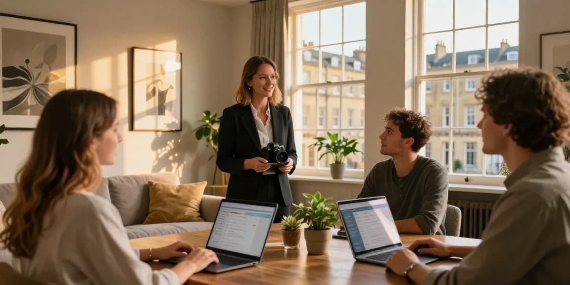 Bath short-term rental management discussion in a stylish apartment with a professional manager and homeowners.