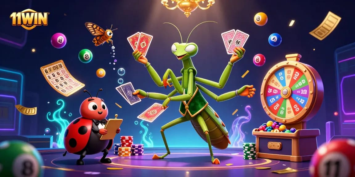 Experience the vibrant energy of 11WIN with a lively illustration featuring a giant praying mantis card sharp and whimsical gambling elements.