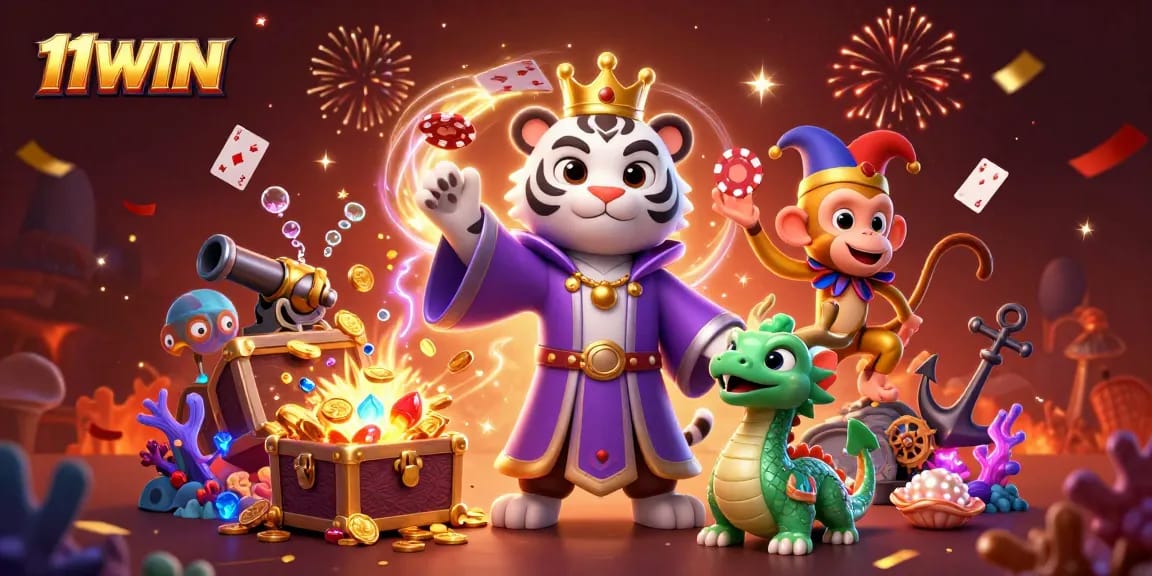 Engage with the vibrant 11WIN casino scene featuring a royal tiger and playful monkey amidst treasure.