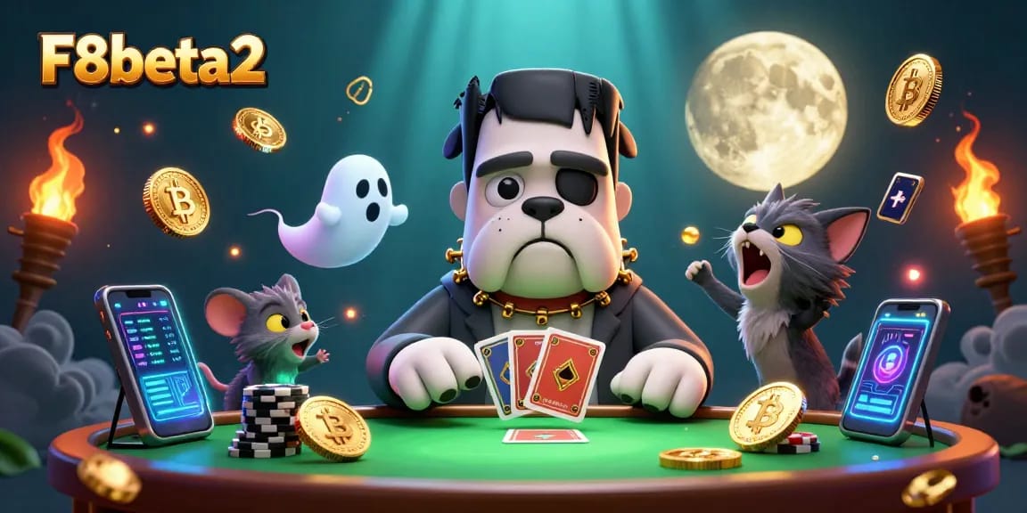 Engage with F8beta2 as a Frankenstein bulldog monster deals cards in a casino-style scene.
