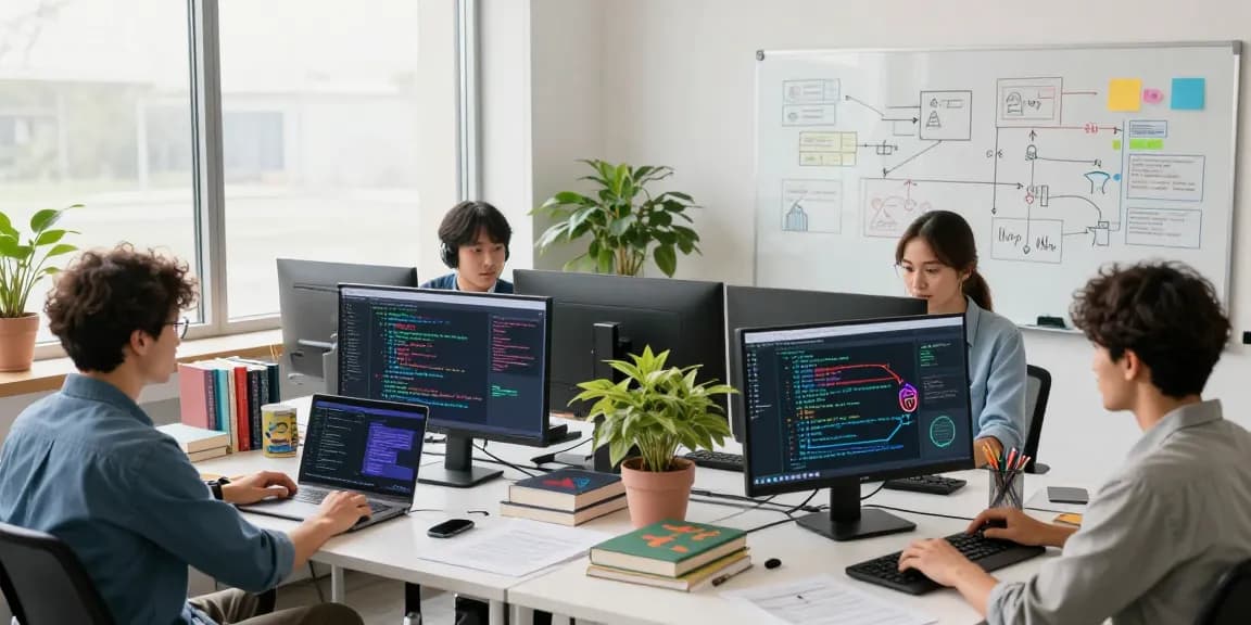juicy ai software developers brainstorming and coding in a vibrant tech workspace