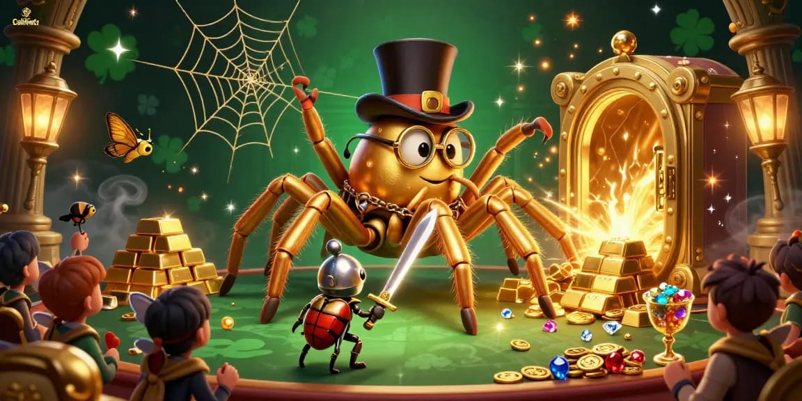 Cakhiatv showcases a golden tarantula weaving threads at a lively casino event, inviting gamers to join.