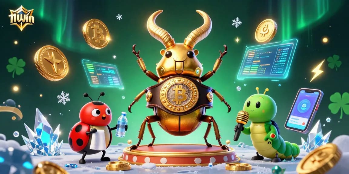 Engage in thrilling games at 11WIN with vibrant 3D illustration showcasing a giant stag beetle champion.