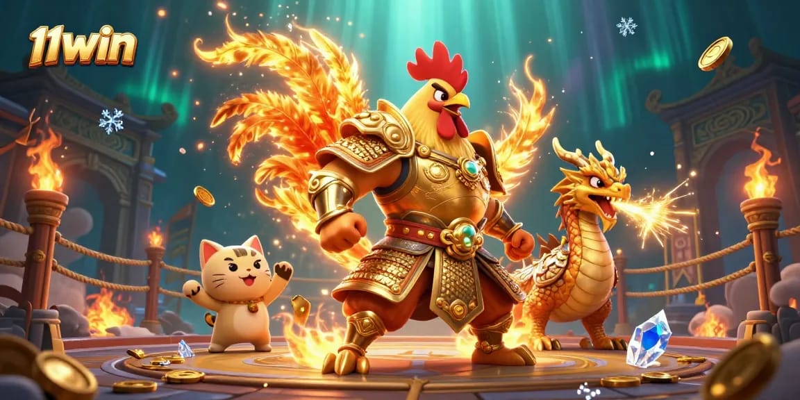 Experience thrilling action with 11WIN as the fierce rooster warrior battles alongside a dragon hatchling.
