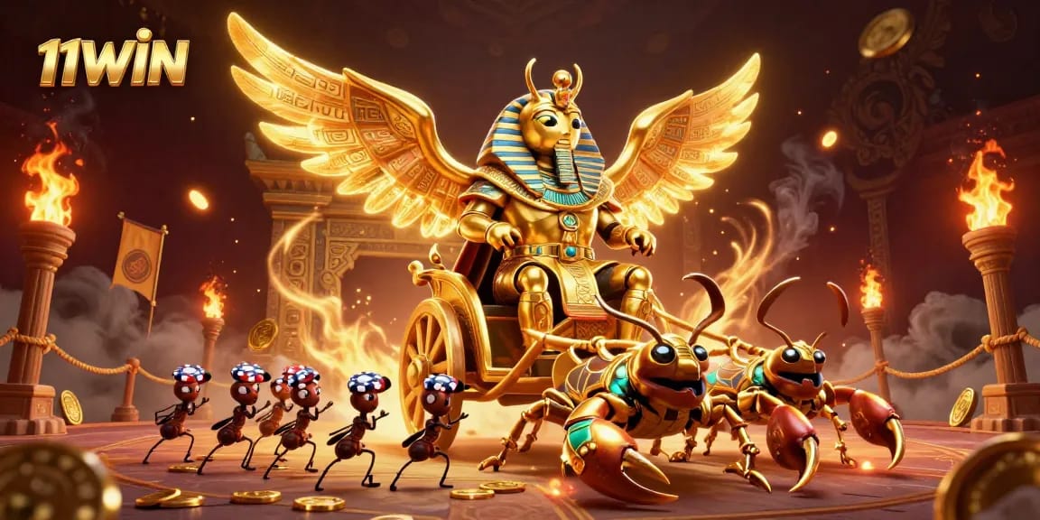 11WIN's thrilling golden scarab beetle scene depicts epic online casino adventures.