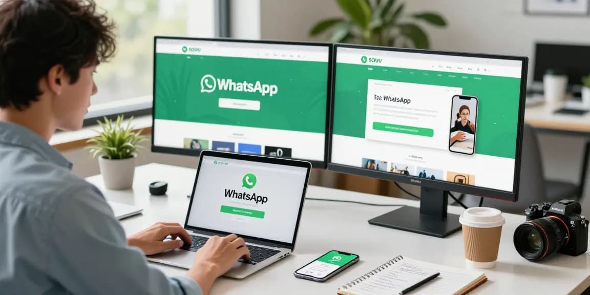 Downloading WhatsApp下載 in a modern workspace with a laptop and smartphone