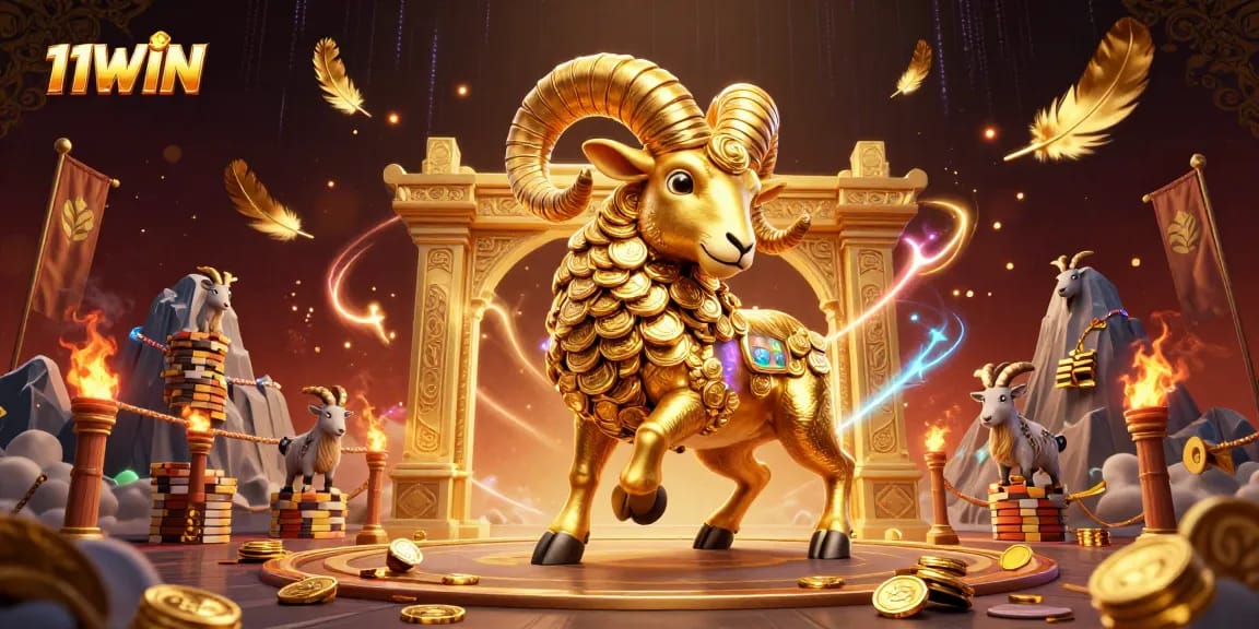 Experience thrilling action with 11WIN's golden ram charging through a dynamic casino scene.
