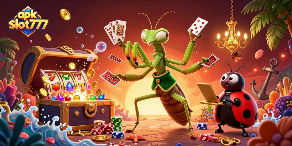 Experience thrilling moments with apk slot777 as the giant mantis deals cards amidst overflowing treasures in a vibrant casino.