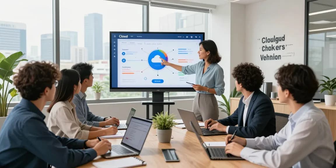 Team discussing cloud based phone system solutions in a modern office setting with digital displays and collaborative tools.