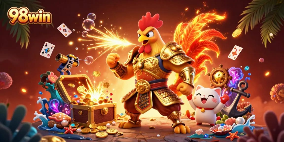 Engage with 98win's thrilling action scene featuring a rooster warrior, dragon hatchling, and treasure-filled underwater adventure.