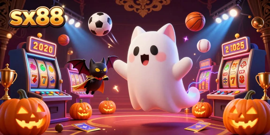SX88 thrills gamblers with a lively casino scene featuring a ghost cat, bat, and dynamic game elements.