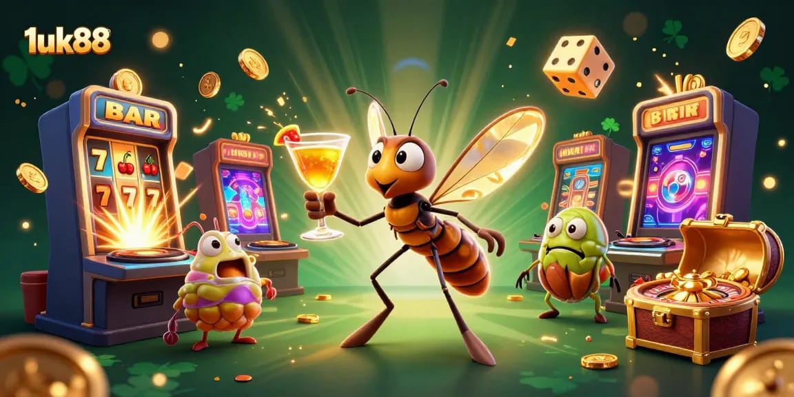 Engage in thrilling gaming with 1uk88's vibrant slot machines, vibrant characters, and golden roulette wheel.