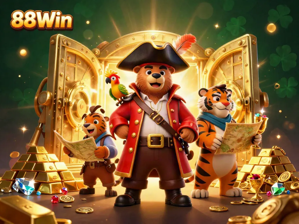 Engage with 88Win's thrilling games, featuring a pirate bear, tiger, and treasure.