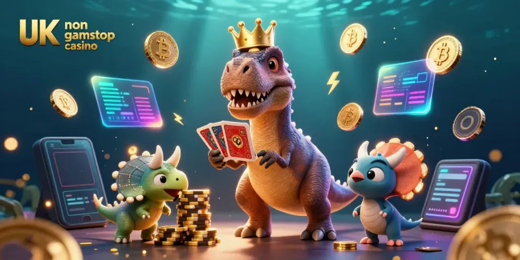 Engage with the vivid scene of the UK non gamstop casino, featuring playful characters immersed in a lively gaming atmosphere.