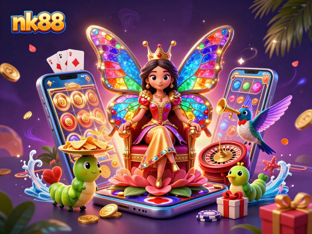 Spin to win at nk88 with a vibrant butterfly queen and her dazzling casino kingdom!