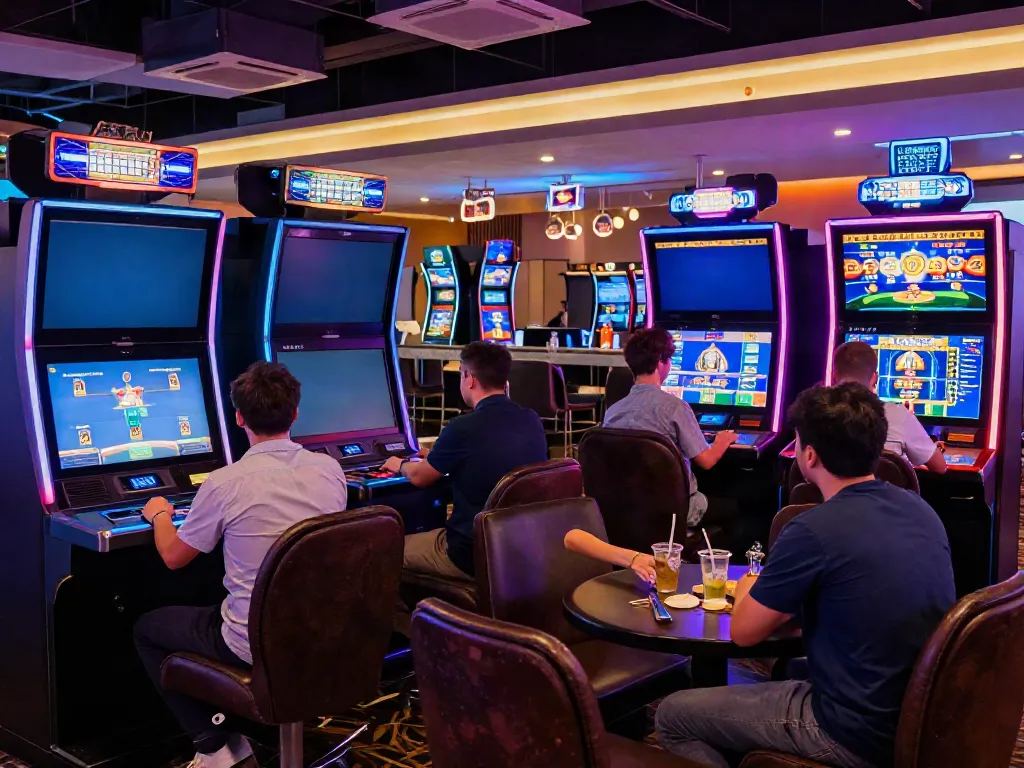 Exciting non Gamstop UK casinos gaming scene with diverse players engaged at vibrant terminals.