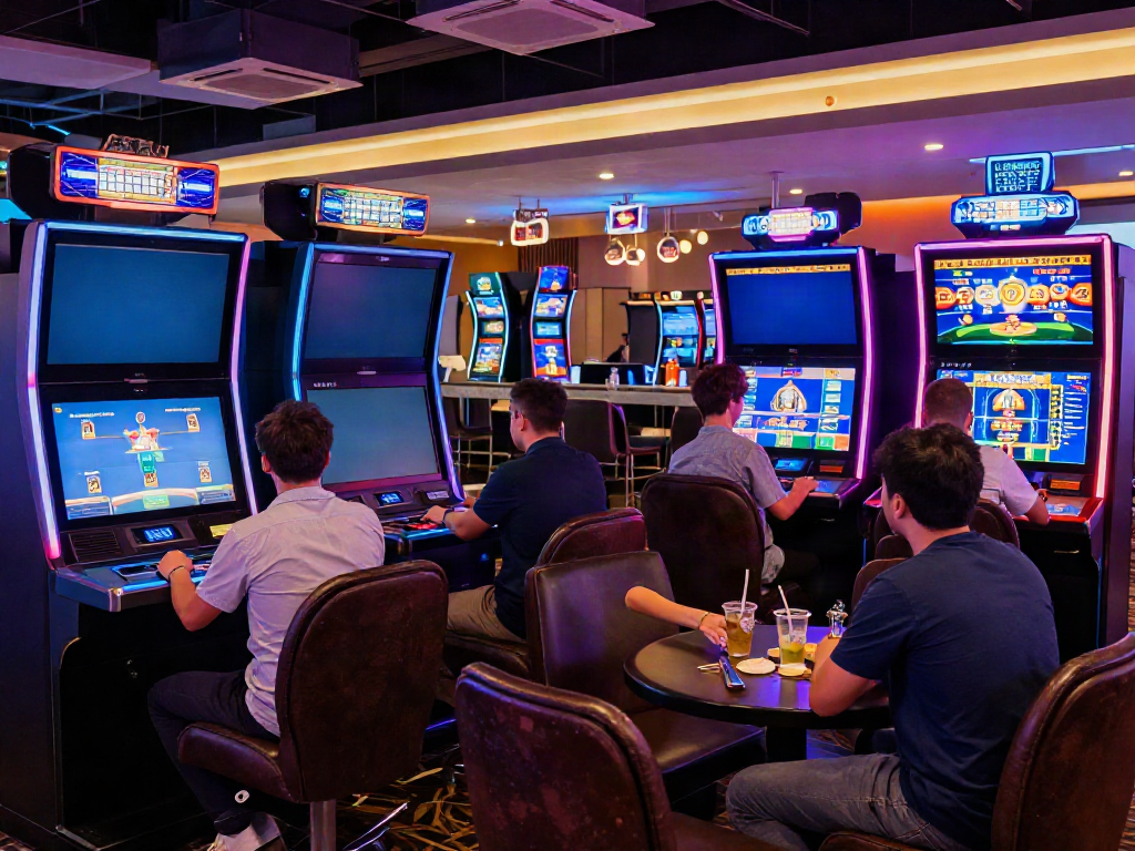 Exciting non Gamstop UK casinos gaming scene with diverse players engaged at vibrant terminals.