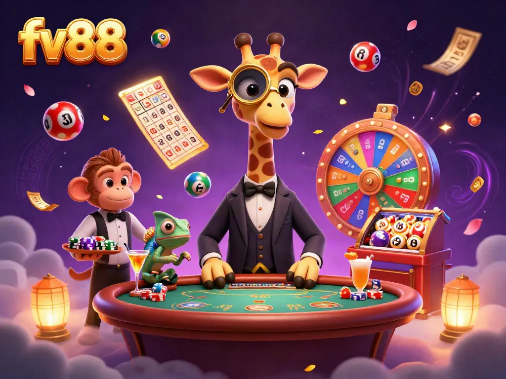 Engage with thrilling gaming at fv88 featuring a majestic giraffe in a classy suit amidst lively casino action.
