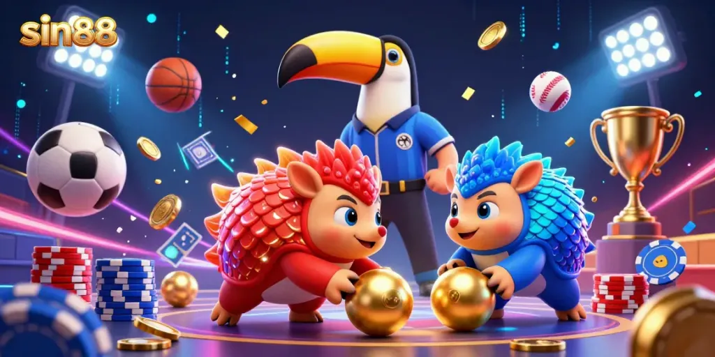 Experience thrilling gaming action with sin88 as cartoon pangolins face off amid dynamic sports elements.