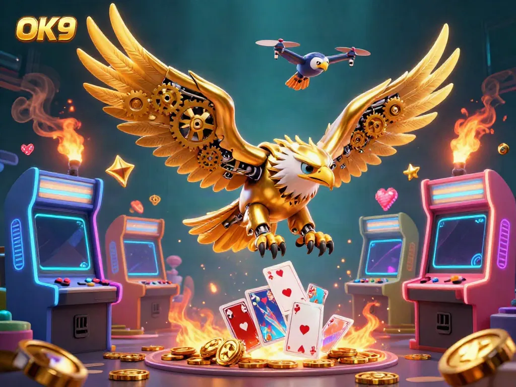 Experience the excitement of OK9 as a golden eagle dives through dazzling casino icons and Holographic cards.
