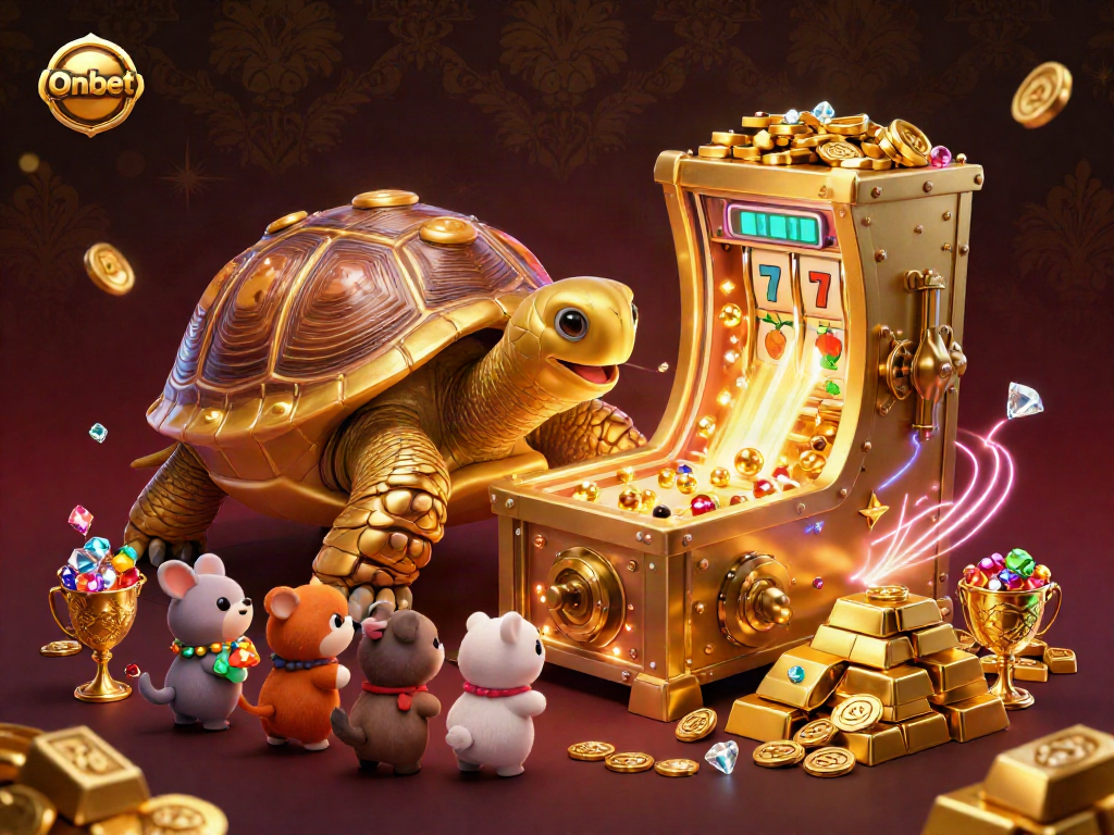 Enjoy dynamic slots action with Onbet's thrilling 3D tortoise pinball machine design packed with glittering gold.